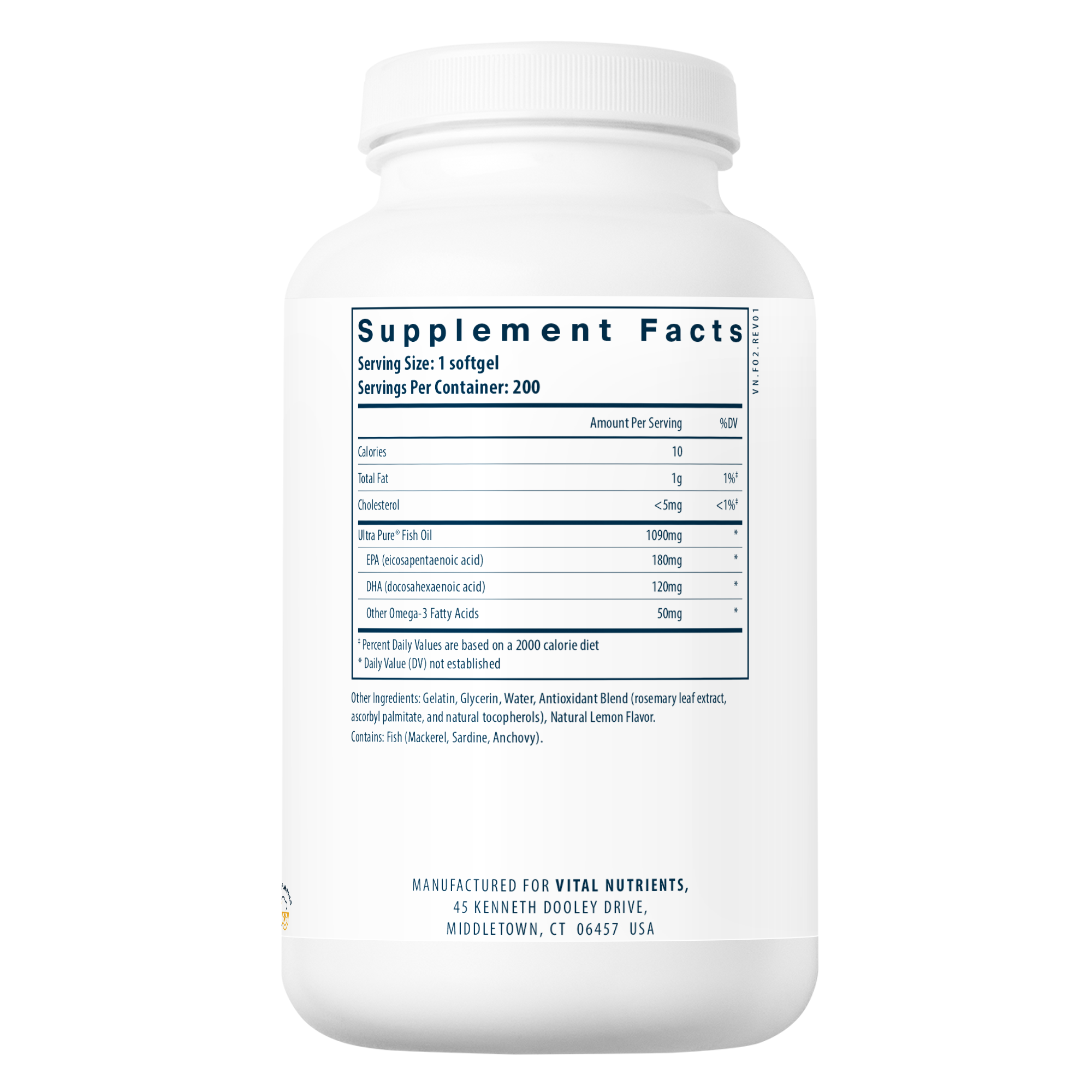Vital Nutrients Ultra Pure Fish Oil 350 (Triglyceride Form) supplement facts panel on bottle.