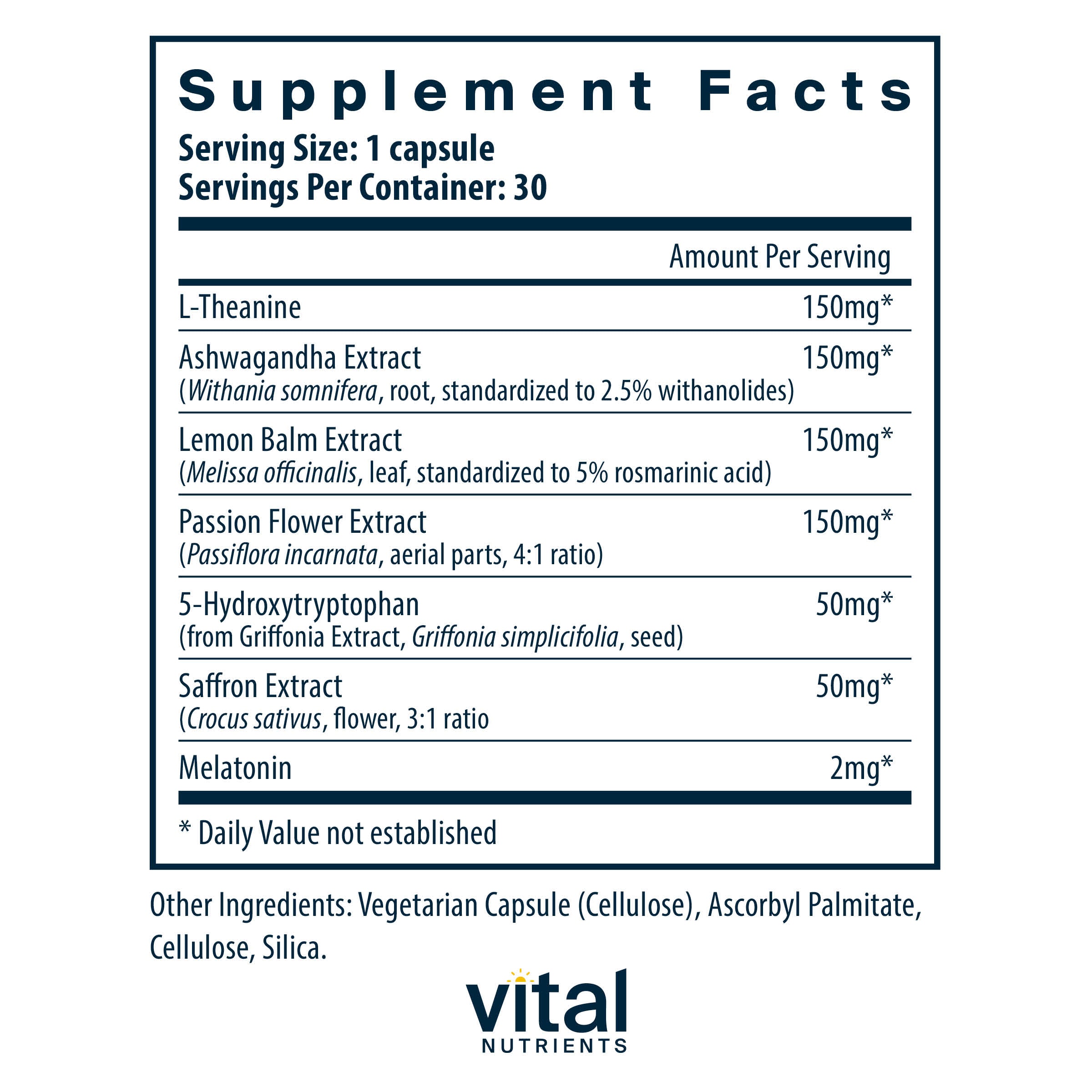 Vital Nutrients Sleep and Recover supplement Facts panel